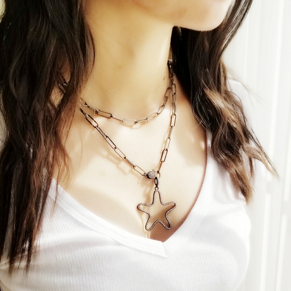 Pave CZ Starfish Paperclip Necklace Chain NEW - Picture 3 of 8